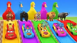 Игра «Длинная горка» с коровой, слоном, гориллой, бегемотом, тигром, 3D-игра с животными, забавны...