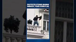 Protester Pulls Down Iranian Flag at London Embassy During Anti-Regime Demonstration
