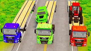 Flatbed Trailer McQueen Transportation with Truck - Speedbumps vs Cars vs Train - BeamNG.Drive #02