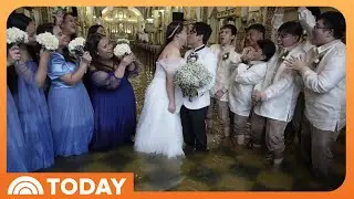 Filipino Couple Walks Down Flooded Aisle on Wedding Day