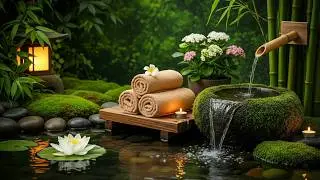 Zen Bamboo Waterfall & Candle Garden 🌿 Relaxing Spa Music for Stress Relief & Deep Sleep