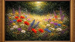 Ad free 4K TV screen saver vintage wildflower oil painting gold framed
