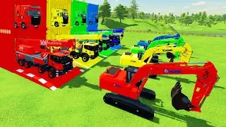 TRANSPORTING ALL COLROFUL XCMG EXCAVATOR, MIXER CEMENT TRUCK TO GARAGE WITH TRAILER TRUCK - FS 22