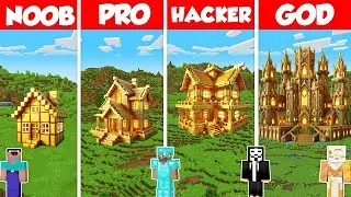 Gold House Build Battle Challenge - Noob vs Pro vs Hacker vs God - Minecraft Animation