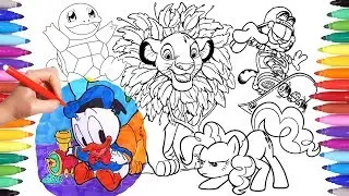 Cartoon Characters Coloring Book Page 8: Garfield, Simba, Donald Duck, Squirtle Pokemon, Pinkie Pie
