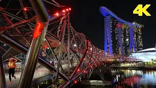 [4K] Night Walk on The HELIX BRIDGE, The Most Popular & Longest Pedestrian Bridge in SINGAPORE
