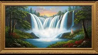 Frame TV Art Whit Music: Majestic Waterfall Landscape at Dusk/Dawn