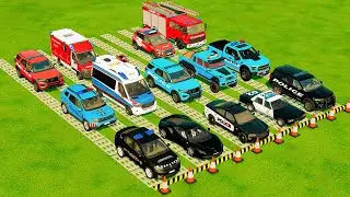TRANSPORTING POLICE CARS, AMBULANCE, FIRE TRUCK, COLORFUL CARS WITH TRUCK -FARMING SIMULATOR 22!