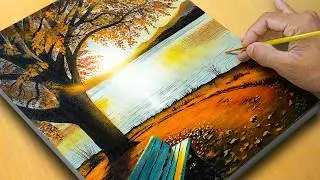 Painting a Peaceful Sunset Lake Scenery Step by Step / Relaxing Acrylic Painting for Beginners #79