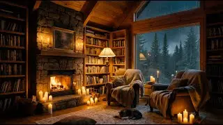 🌧️ Rainy Forest Night Fireplace ASMR | Cozy Cabin Library Ambience with Crackling Fire