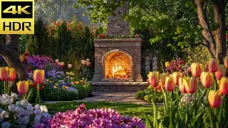 Spring Garden Fireplace | Relaxing Fire Sounds & Blooming Nature Ambience