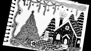 Christmas Village Art | Christmas Tree, Snowman & Cozy House Drawing | Holiday Art for Christmas
