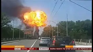 Gas tanker dramatic explosion (fuller report, lots of angles) (Italy) - BBC News - 7th August 2018