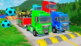 Triple Flatbed Trailer McQueen Transportation with Truck - Speedbumps vs Cars vs Train - BeamNG 0122