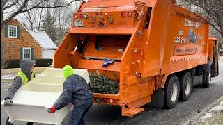 Garbage Truck Crushing Heavy Manual Trash + Bulk + Christmas Trees | Jamaica Ash 