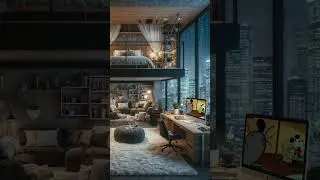 Cozy modern loft apartment, bed, rain falling, city view, #relax #rain# #ambience #rainingsound