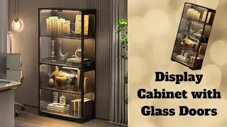 Display Cabinet with Glass Doors | 4-Tier Curio Cabinet with LED Lights