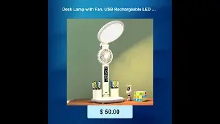 Desk Lamp with Fan, USB Rechargeable LED Clock Table Lamp with Pen Holder | Dimmable & Foldable D...