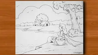 Easy Village Scenery Drawing with Woman Figure 🏞️🌄