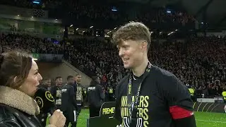 St. Mirren's Mark O'Hara speaks after lifting the Premier Sports Cup trophy