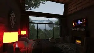 Relaxing rain storm scene outside cabin window