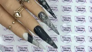 Black Snowflake Candy Cane Style Colour block Acrylic Extra Long Stiletto Nail with Holo Snowflake