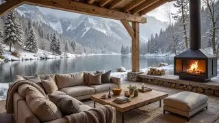 Snow Falling Piano Music by the Lake ❄️🔥 Relaxing Winter Porch & Fireplace Sounds to Relax