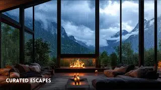 Majestic Mountain Cabin Escape | Winter Ambience with Relaxing Jazz Piano, Rain & Crackling Fire