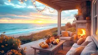 🍂🔥 Coastal Autumn Escape | Crackling Fireplace, Gentle Waves & Morning Birdsong 🌊🐦