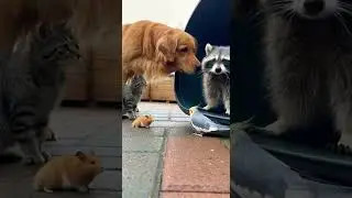 Raccoon under investigation by adorable pet caught in funny moment #pets #raccoon #cute