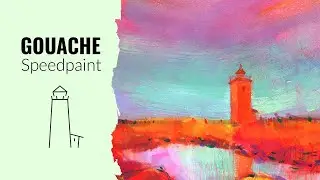 Gouache and Mixed Media №25. Landscape with an orange lighthouse