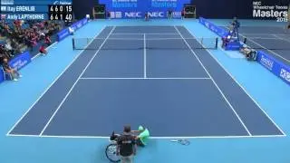 Andy Lapthorne falls out of his wheelchair at the NEC Wheelchair Tennis Masters