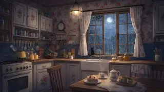 Cozy Vintage kitchen 1940's on a rainy night with classic oldies music playing in another room