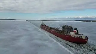 The Frontenac leaving Midland Harbour, through the Gap. March 23 Real time cinematic DJI Mini 3 Pro