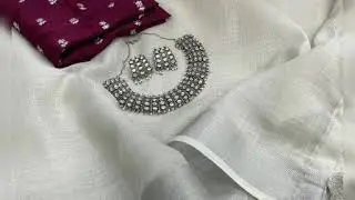 SILVER COLOUR LENIN SAREE WITH CONTRAST BLOUSE FREE GIFT