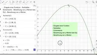Einführung 1 Geogebra Funktionen - Eingabe, Nullstellen, Extrempunkte, Berechnung von x- und y-Wert
