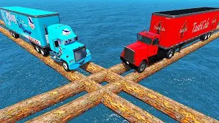 Cola vs Dinoco Truck vs Impossible Parallel log Bridges - BeamNG.Drive