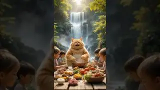 Cooking with a Giant Cat in a Serene Waterfall Setting #CookingWithCat #WaterfallPicnic #NatureCook