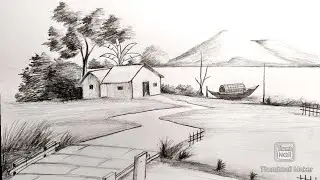 how to draw scenery of nature house,river,boat tree's