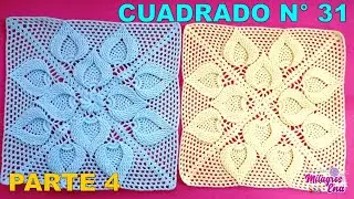 PARTE 4 Cuadro o cuadrado N° 31 tejido a crochet en punto hojas con piñas para colchas y cojines