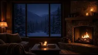 Cozy Mountain Lodge at Night | Fireplace Crackling & Snowfall Ambience (3 Hours)