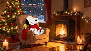 Cozy Christmas Night with Snoopy 🎄 Fireplace, Snowfall & Soft Jazz