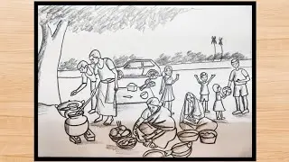 Create a Breathtaking Picnic Scenery Drawing&nbsp;|family picnic scenery Drawing|picnic drawing very Easy