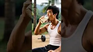 Bruce Lee drinking lassi after a hard village-style workout.