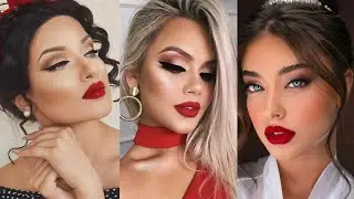 Amazing glam look European party makeup with red lipstick colours ideas for ladies #makeuplover