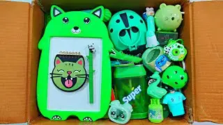 Unboxing Green Stationery Items, Pencil Box, Sipper bottle, Writing Board, Desk Lamp, Sharpener, Pen