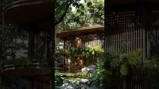 a hidden jungle villa with curved bamboo architecture and hanging gardens
