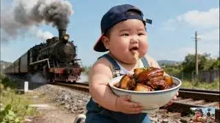 There is a baby beside the railway track, running while eating meat
