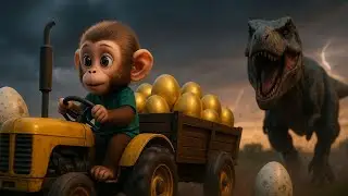 Stormlit fields: Baby Monkey Nina drives her tractor to gather duck eggs and dinosaur peril at dawn