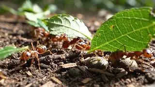 A line of leafcutter ants carrying leaves